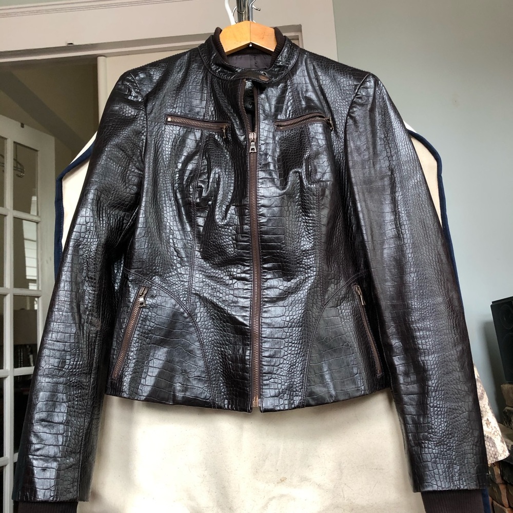 Dark brown Croco embossed DKNY leather jacket.